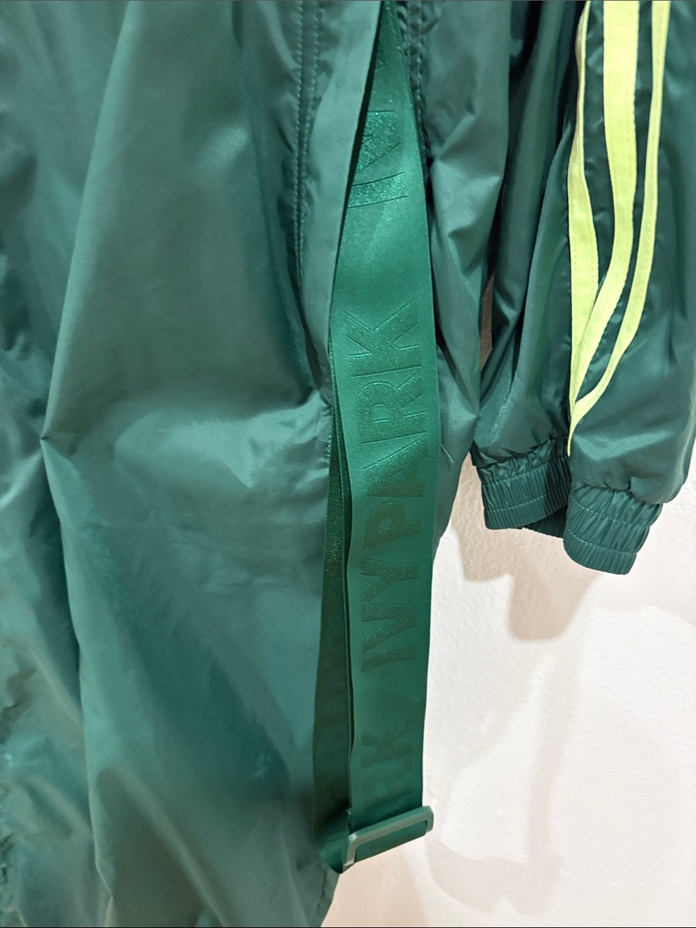 Adidas | Park Ivy Green Hooded Long Track Coat with Neon Yellow Stripes - Picture 4 of 5